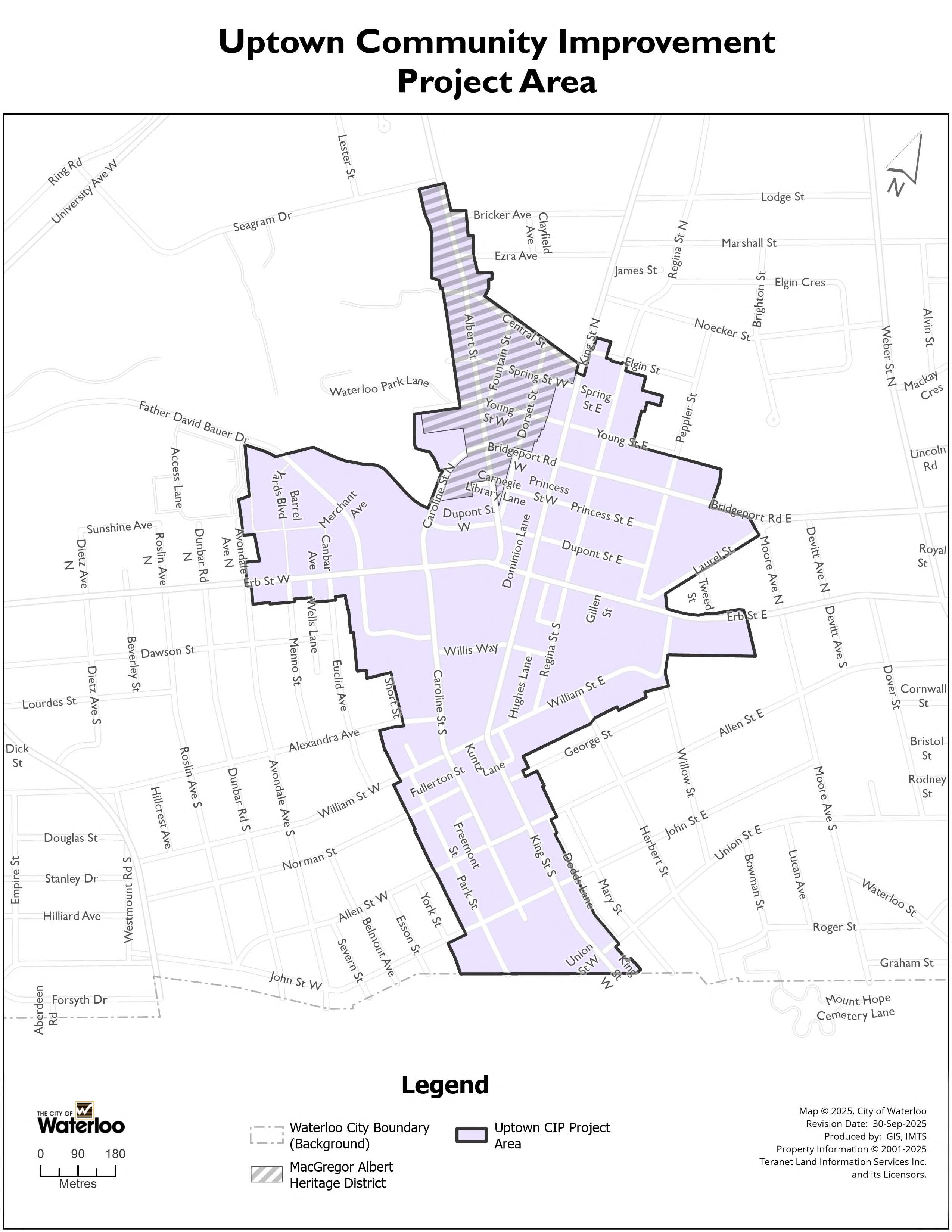 Map of Uptown Waterloo showing the CIP project area boundaries
